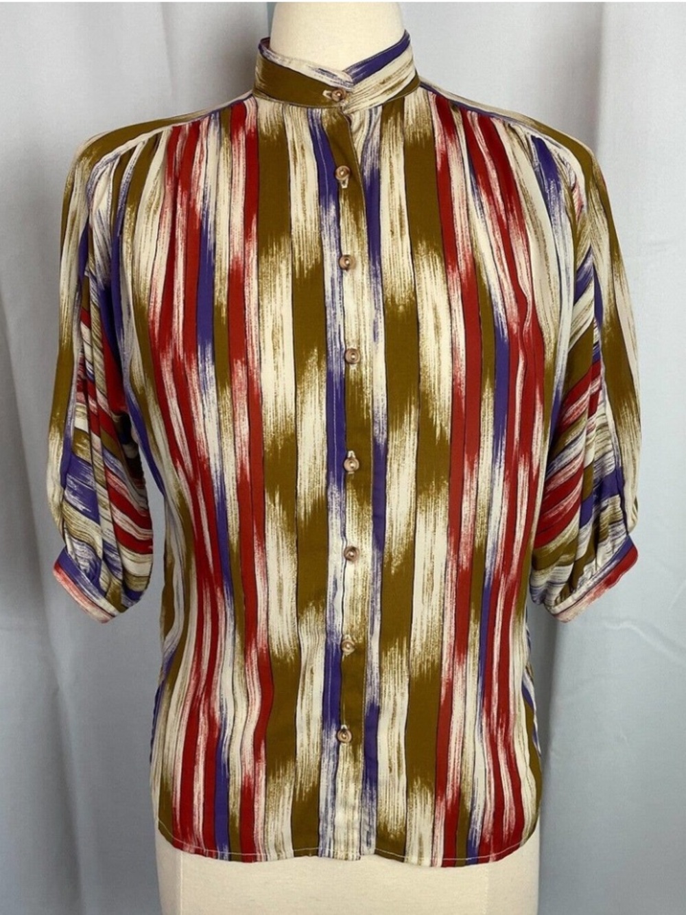 Vintage Womens Top Size Small Brown Red Stripe Abstract Button Blouse Colorful